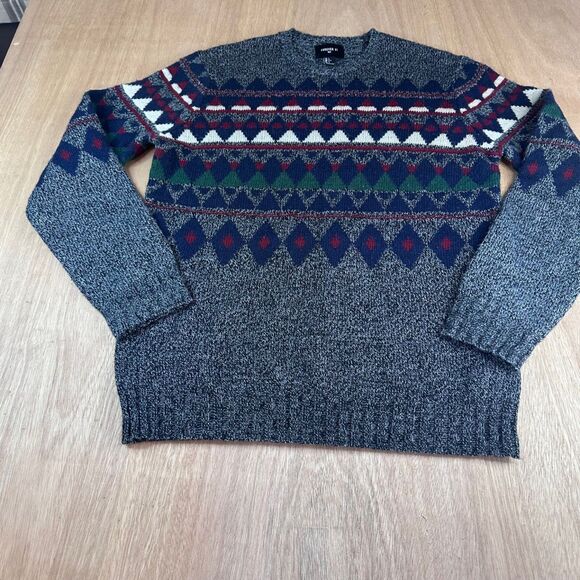 Forever 21 Men’s Size Large Fair Isle Knit Sweater Gray Multicolor Crew Neck - Picture 1 of 5